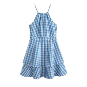 Spaghetti Strap Plaid Mini A-Line Dress aa22