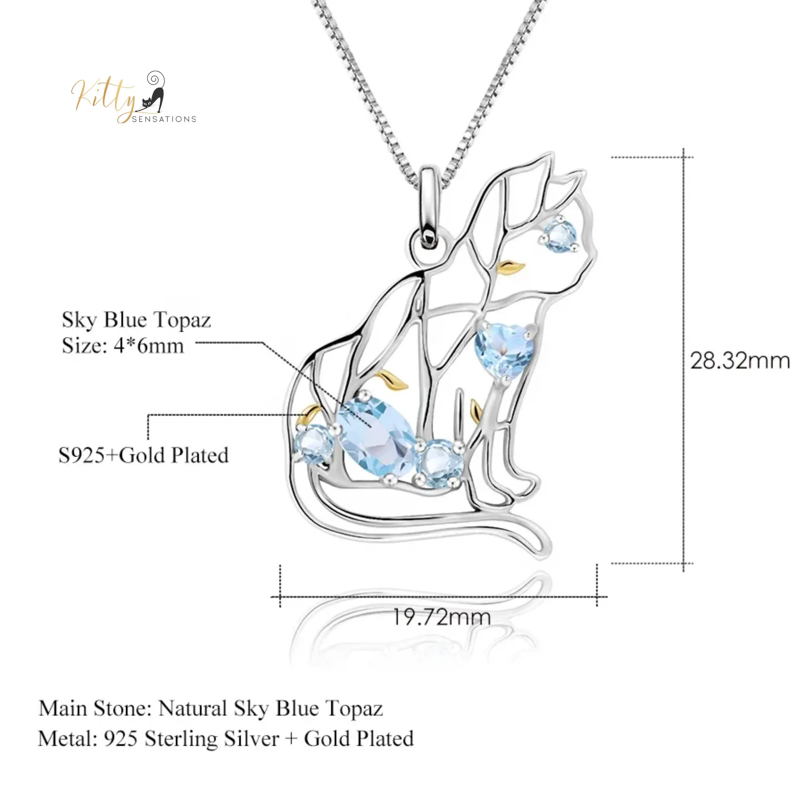 Spring Vine Natural Topaz Cat Necklace in Solid 925 Sterling Silver (Gold Plated) - Fine Jewelry