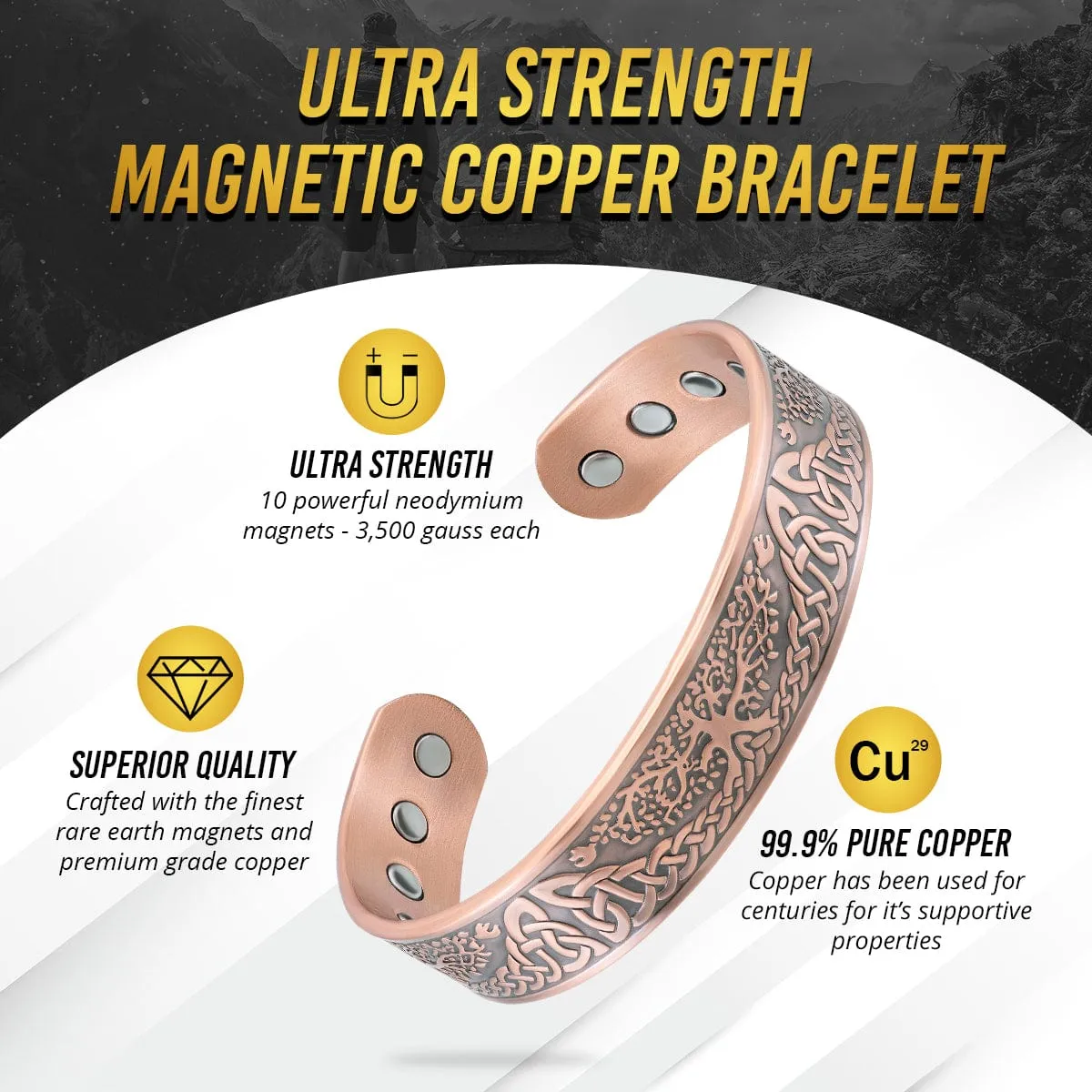 Stamped Irish Tree Magnetic Copper Bracelet Cuff for Men