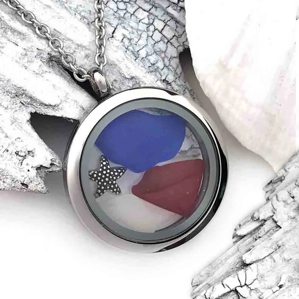 Star Spangled Red, White and Blue Summer Sea Glass Porthole Locket with Starfish Charm | #1685