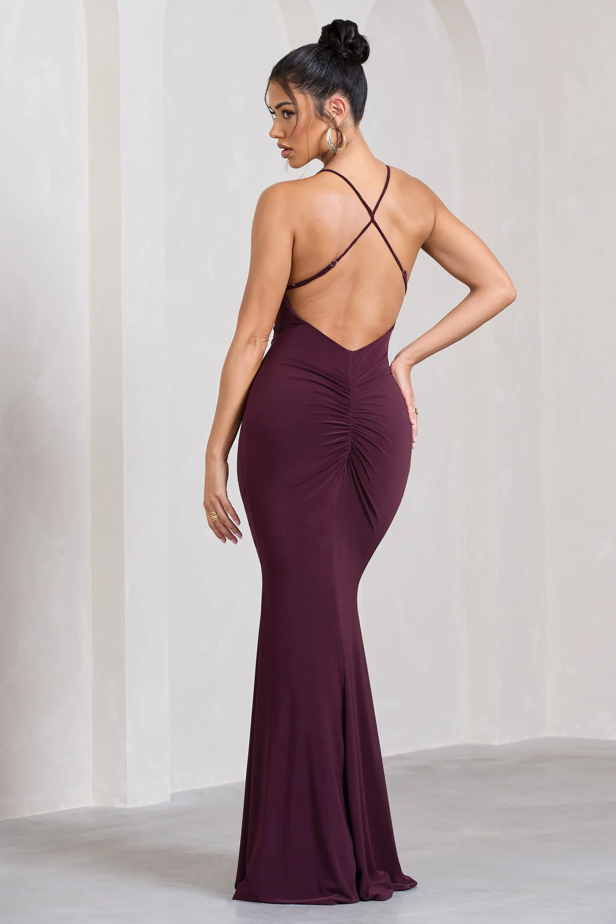 Stellar | Plum Halter-Neck Twisted Split Maxi Dress