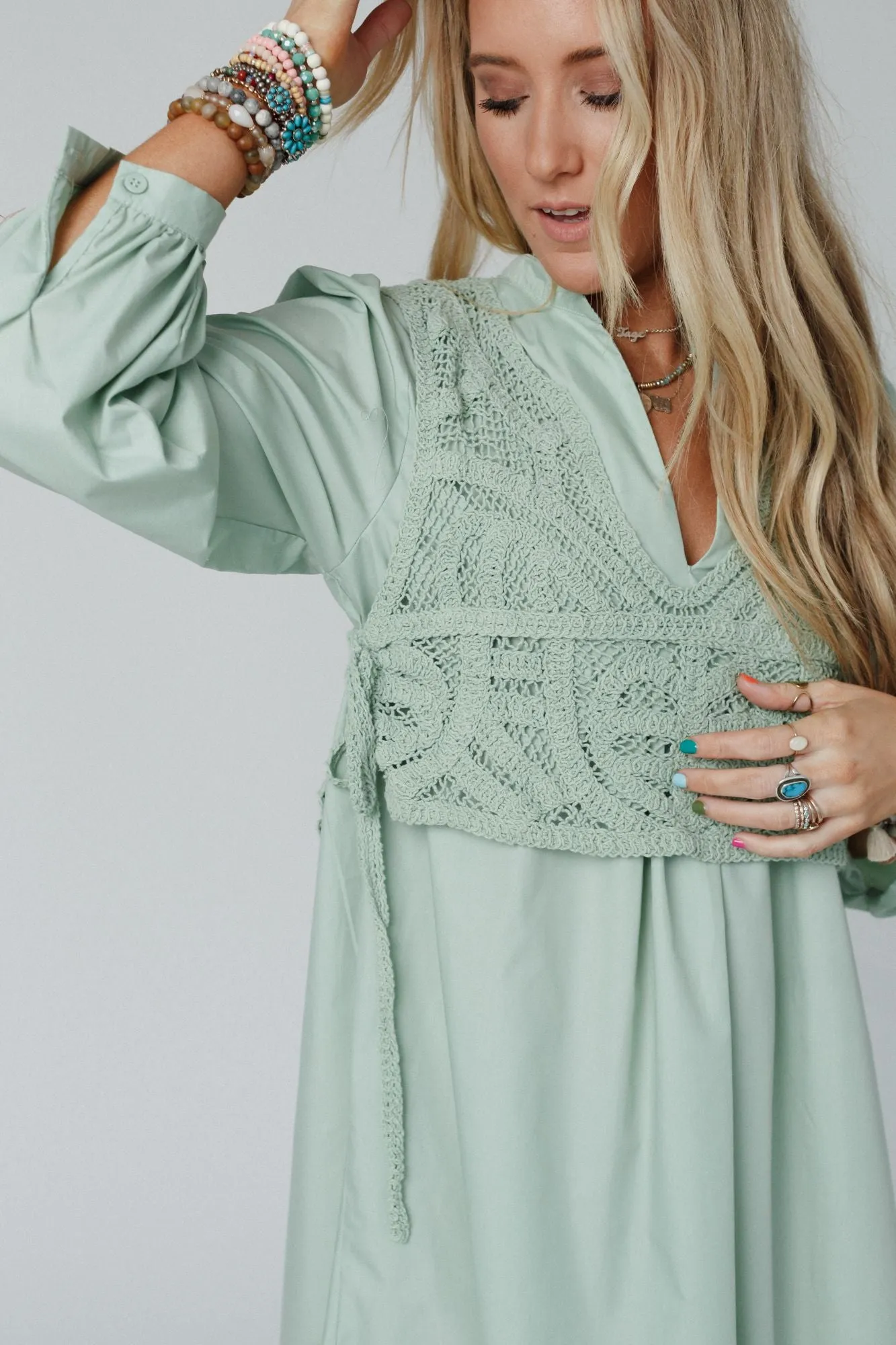 Sweet Edge Crochet Vest Tunic Dress - Sage