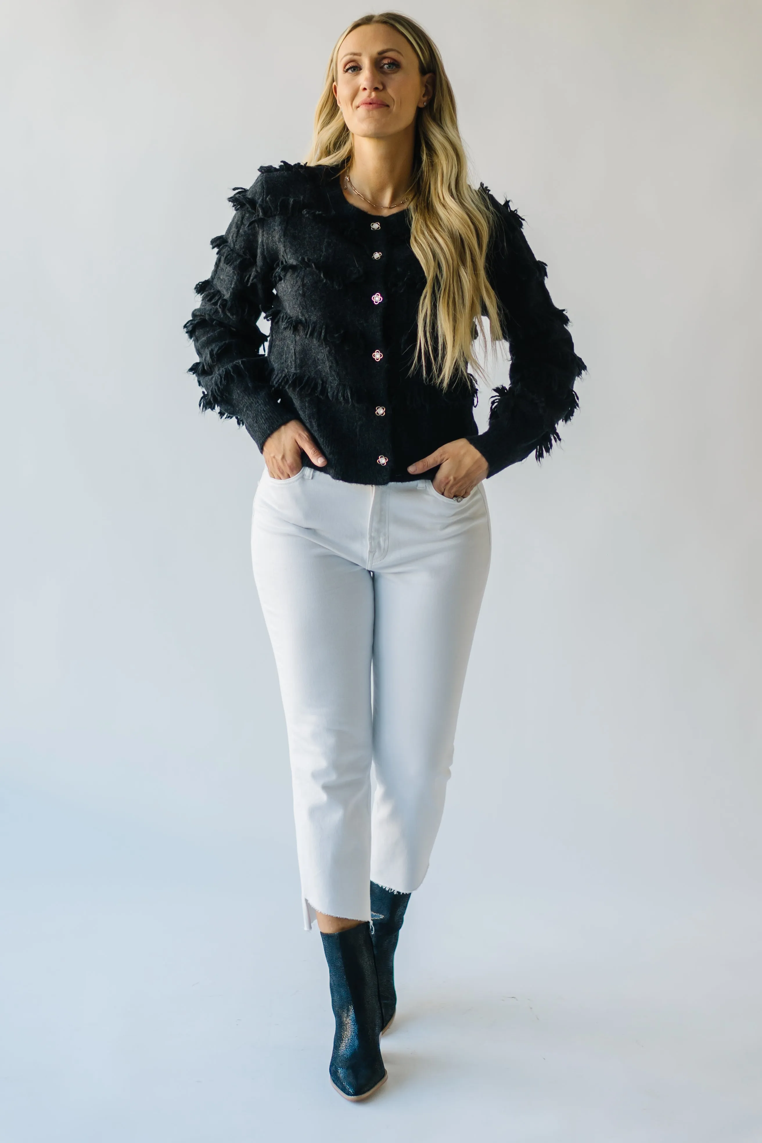 The Calhoun Fringe Button-Down Cardigan in Black