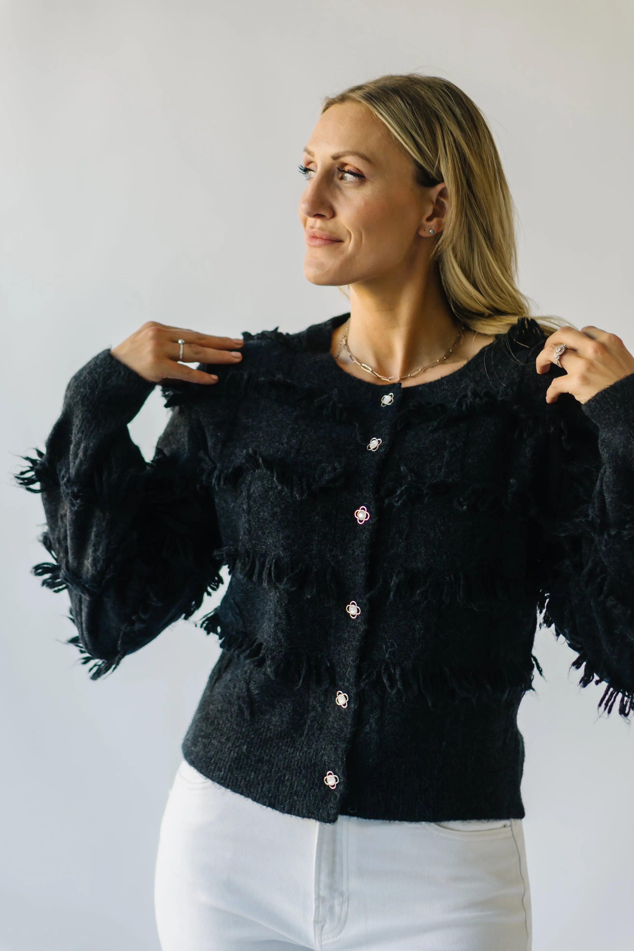 The Calhoun Fringe Button-Down Cardigan in Black