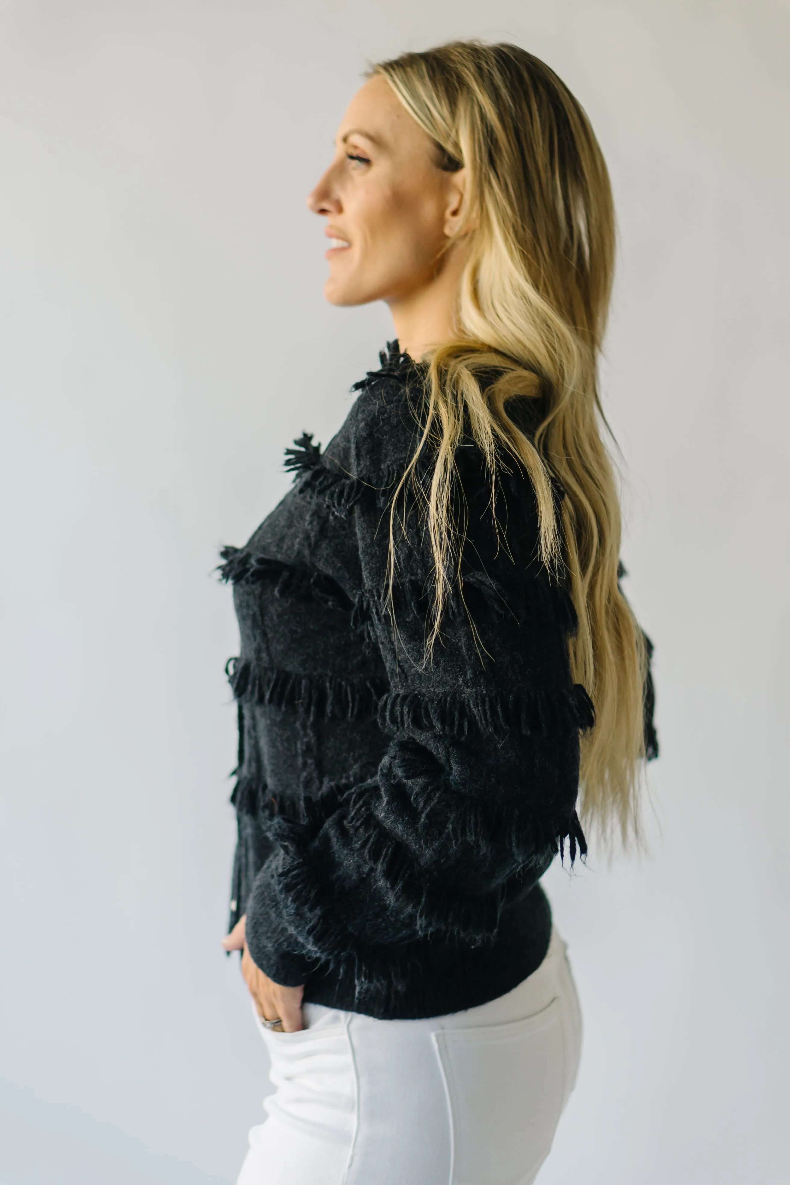 The Calhoun Fringe Button-Down Cardigan in Black