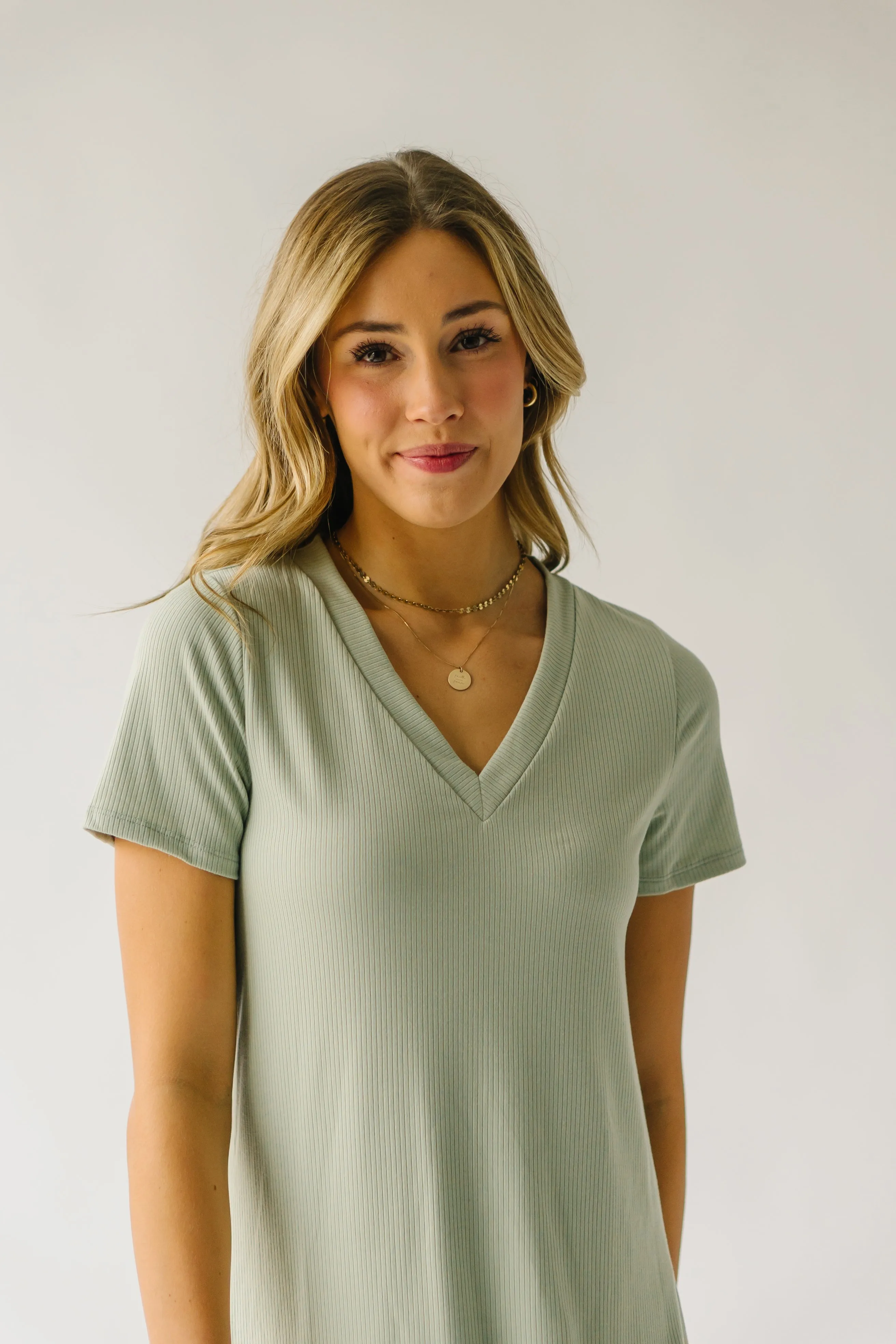 The Nyman Ribbed V-Neck Tee Dress in Sage