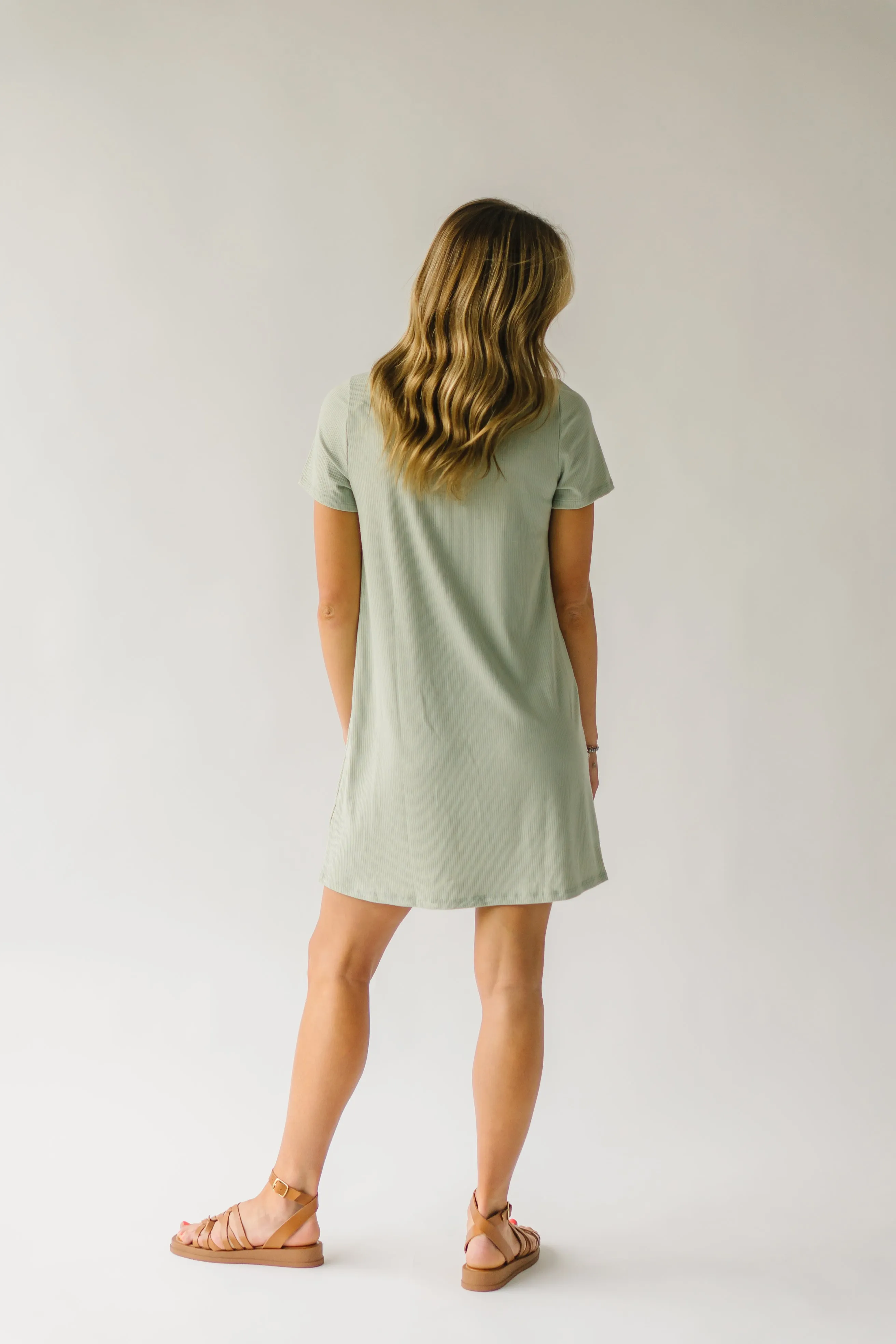 The Nyman Ribbed V-Neck Tee Dress in Sage