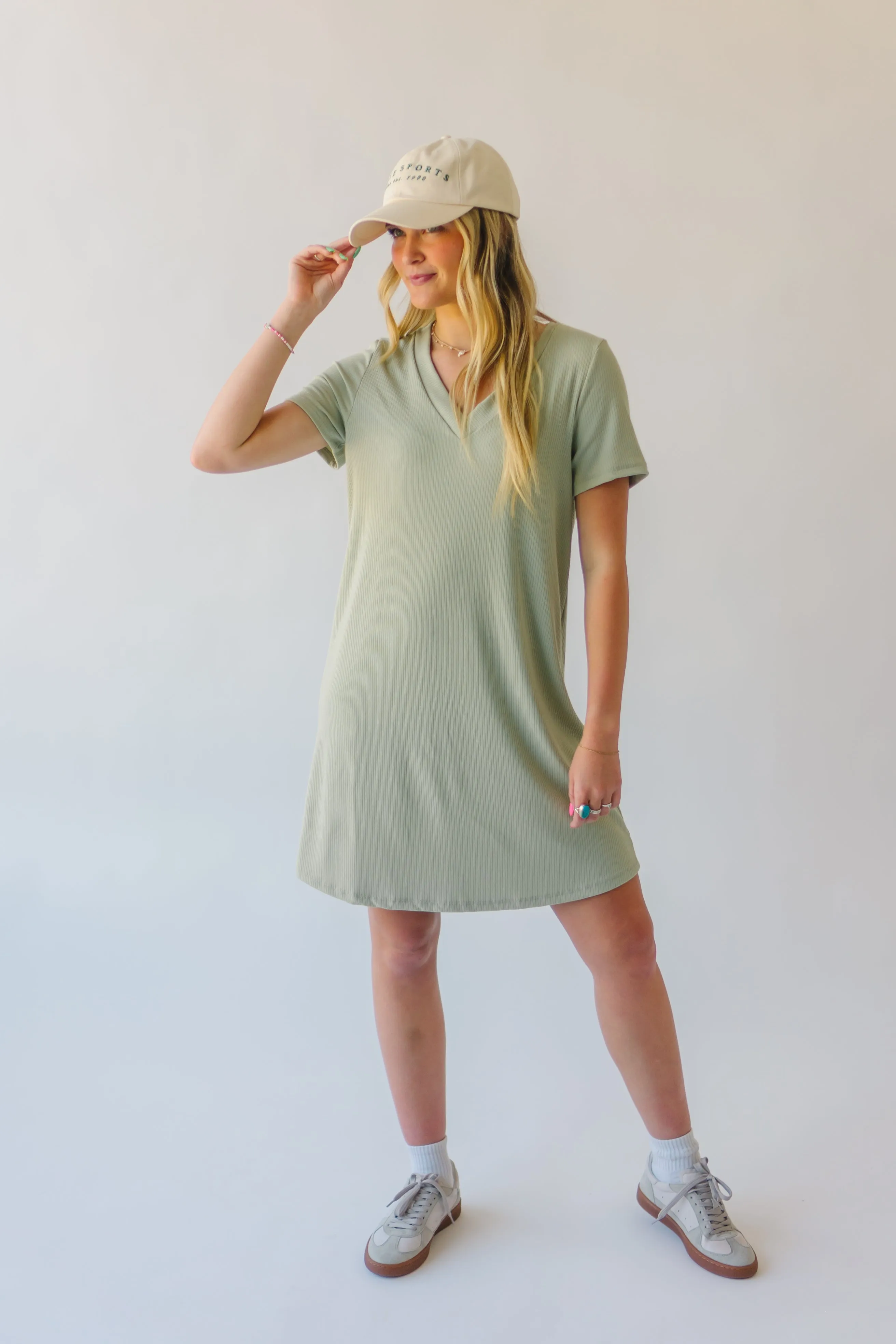 The Nyman Ribbed V-Neck Tee Dress in Sage