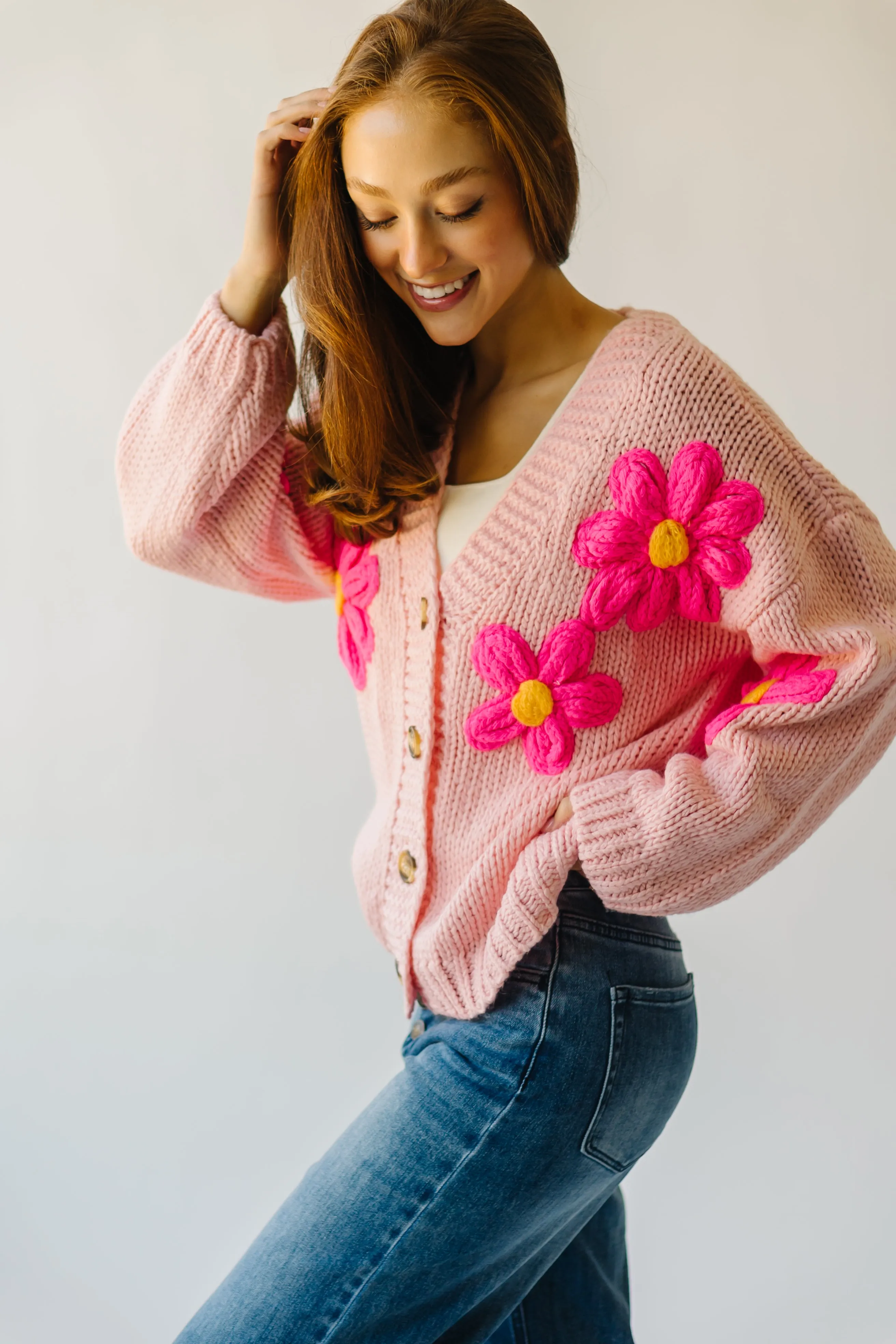 The Treft Floral Knit Cardigan in Pink