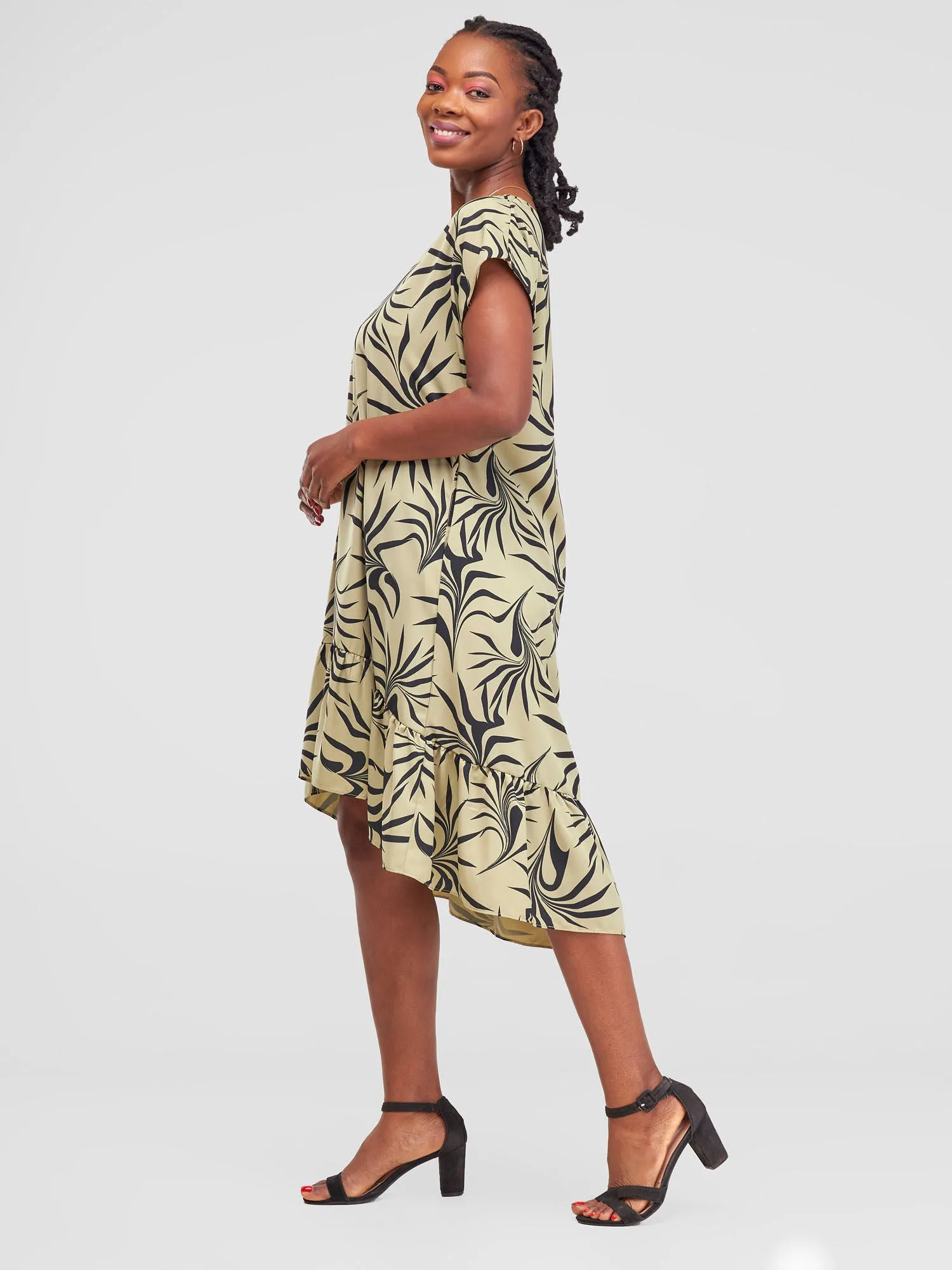 Vivo Asha Drop Shoulder Knee Length Dress - Lime / Black Tezo Print