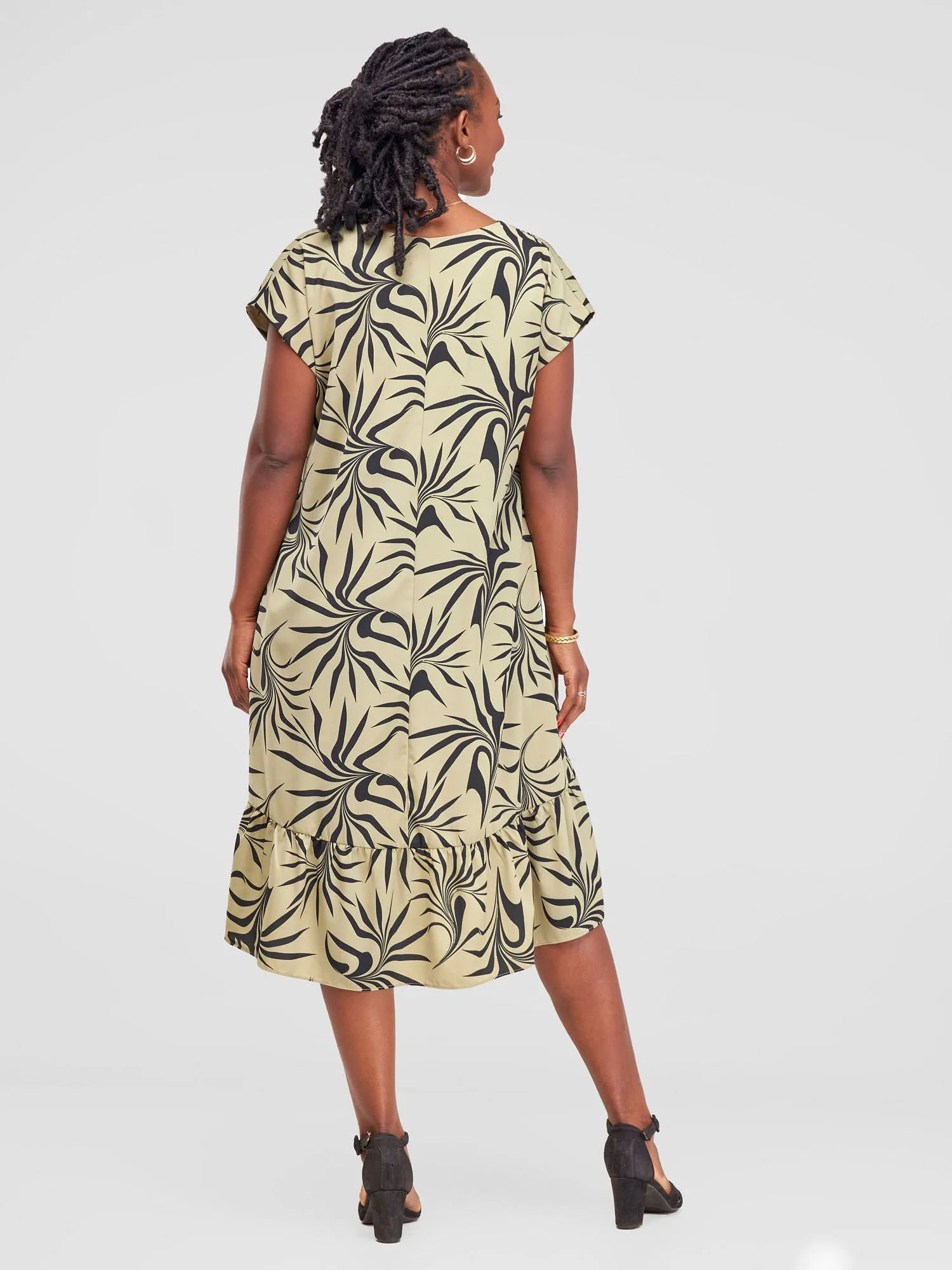 Vivo Asha Drop Shoulder Knee Length Dress - Lime / Black Tezo Print