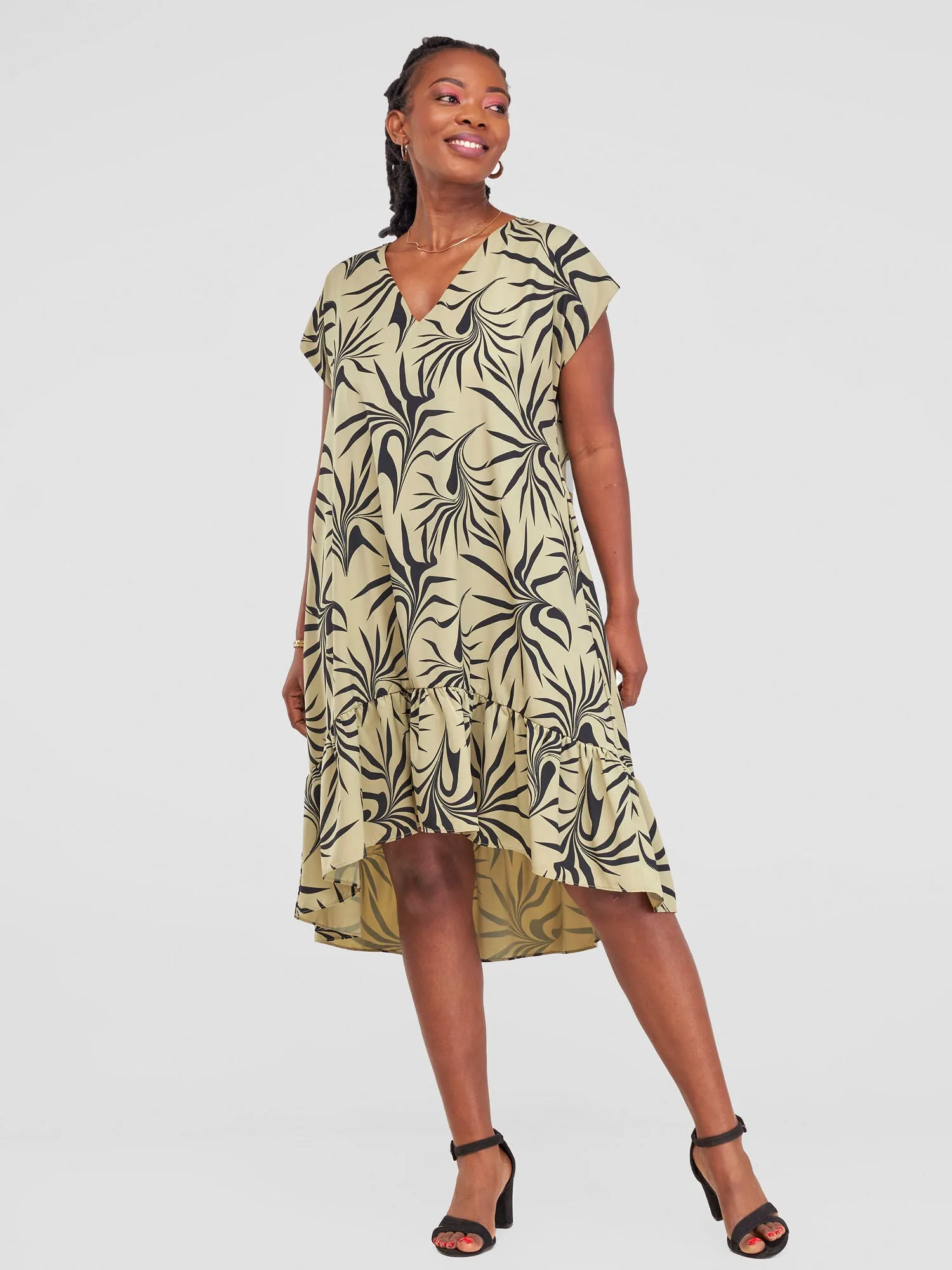 Vivo Asha Drop Shoulder Knee Length Dress - Lime / Black Tezo Print