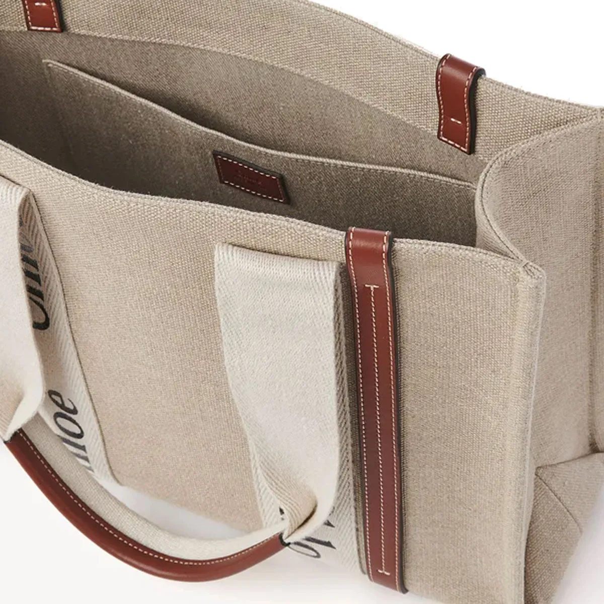 Woody Tote Medium Linen, White/Brown